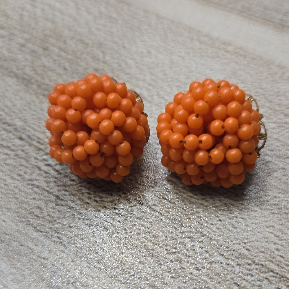 Vintage 1950s Hobé Orange Cluster Beaded Clip-On Earrings